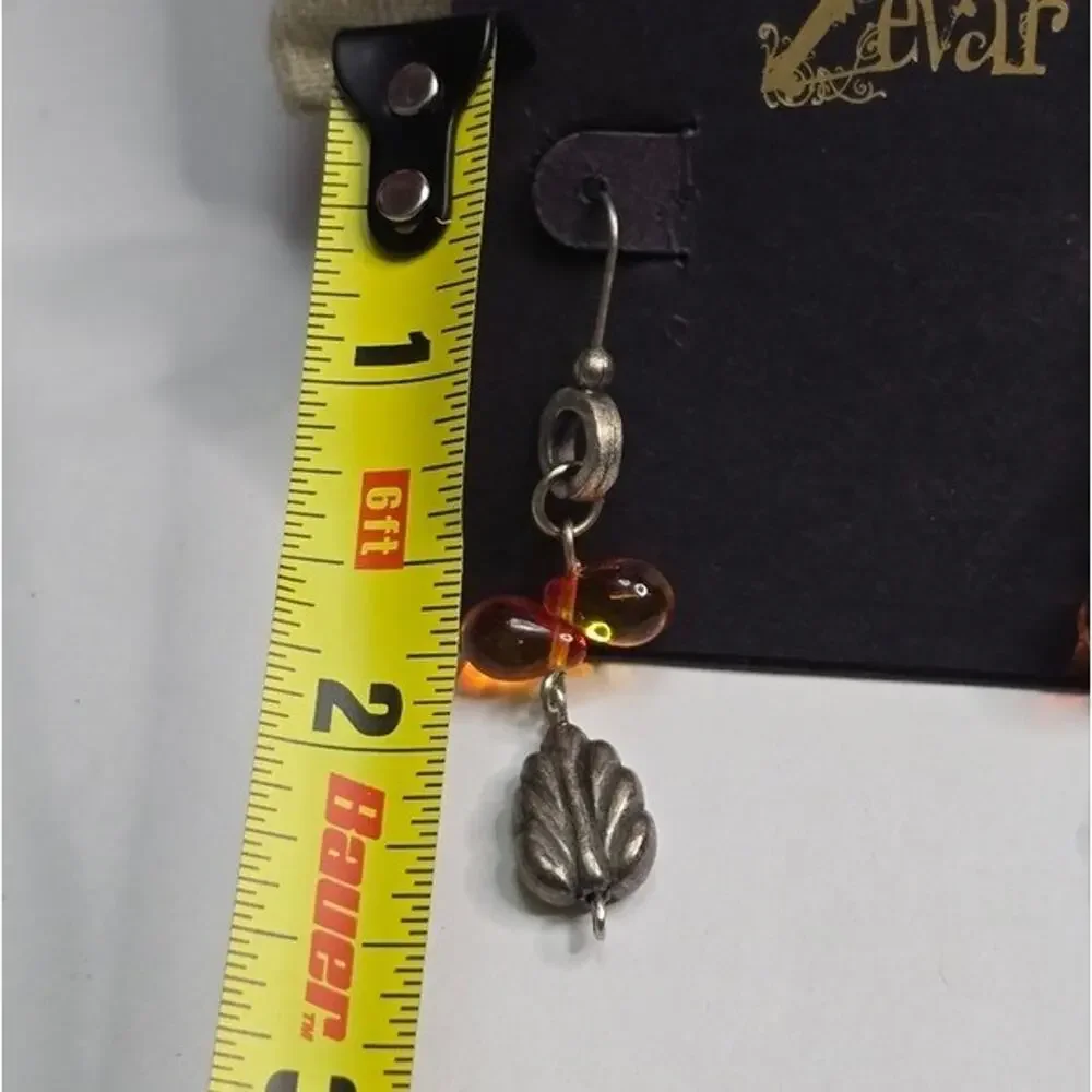 TreskA Zevar Amber Glass Bead Silver Tone Leaf Drop Earrings Bohemian Dangle